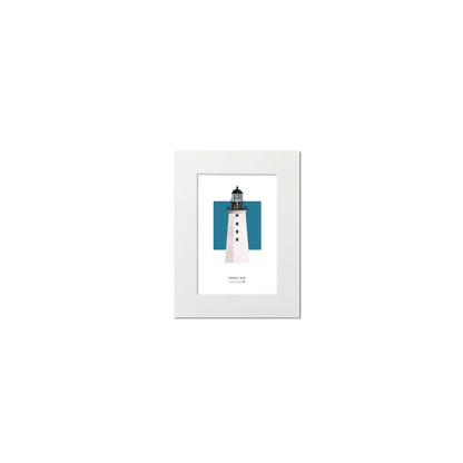 Illustration of the Halfway Rock lighthouse, ME, USA. On a white background with aqua blue square as a backdrop., mounted and measuring 6"x8" (15x20cm).