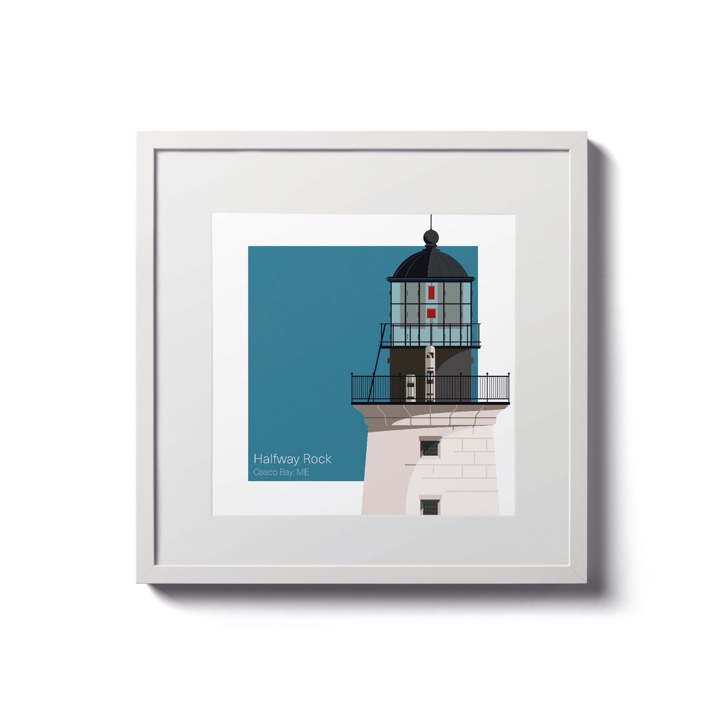 Illustration of the Halfway Rock lighthouse, ME, USA. On a white background with aqua blue square as a backdrop., in a white frame  and measuring 8"x8" (20x20cm).