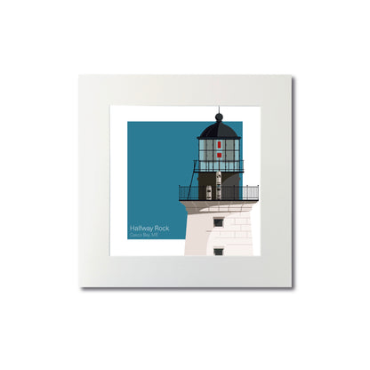 Illustration of the Halfway Rock lighthouse, ME, USA. On a white background with aqua blue square as a backdrop., mounted and measuring 8"x8" (20x20cm).