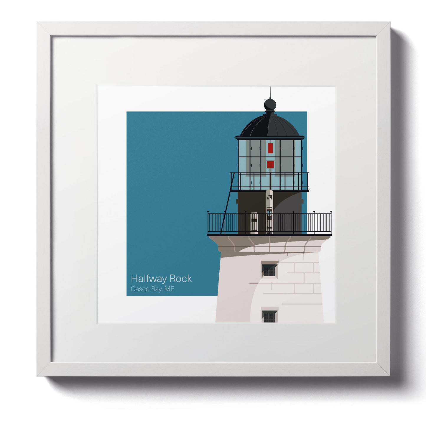 Illustration of the Halfway Rock lighthouse, ME, USA. On a white background with aqua blue square as a backdrop., in a white frame  and measuring 12"x12" (30x30cm).