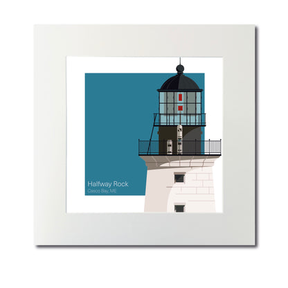 Illustration of the Halfway Rock lighthouse, ME, USA. On a white background with aqua blue square as a backdrop., mounted and measuring 12"x12" (30x30cm).