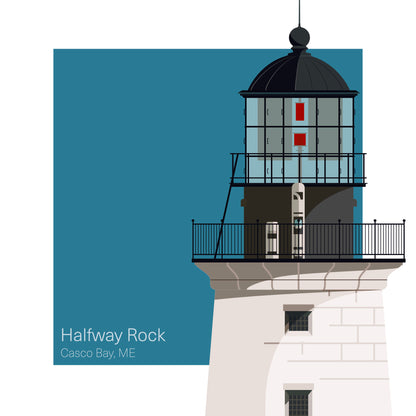 Illustration of the Halfway Rock lighthouse, ME, USA. On a white background with aqua blue square as a backdrop.