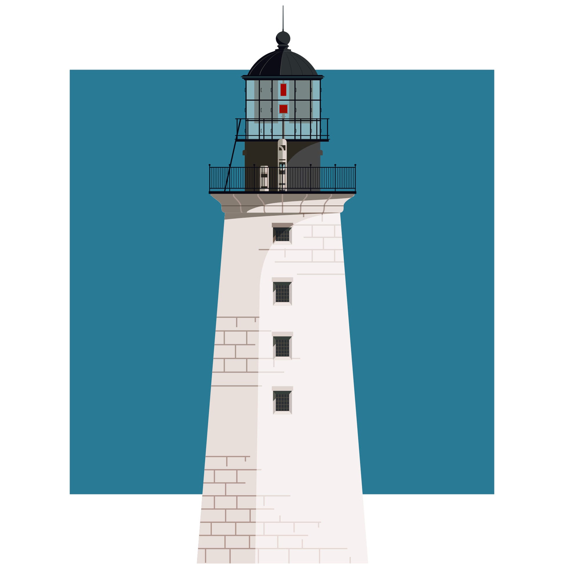 Illustration of the Halfway Rock lighthouse, ME, USA. On a white background with aqua blue square as a backdrop.
