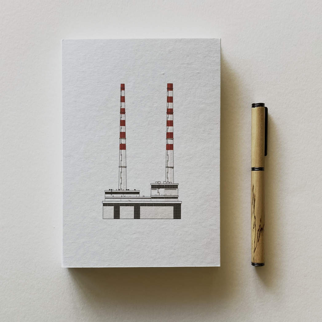 A5 sized notebook with Poolbeg Chimneys Dublin printed on the cover with pen made from walnut wood.