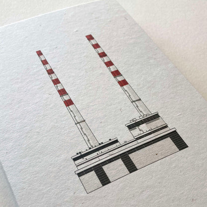A5 sized notebook with Poolbeg Chimneys Dublin printed on the cover.